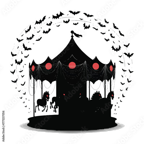 A spooky black and white illustration of a haunted carousel with bats flying around it
