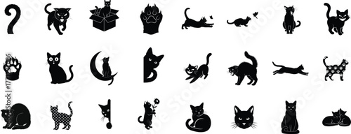 Collection of silhouetted black cats in various poses and activities on a white background