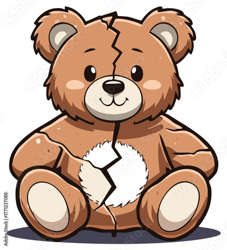 Adorable brown teddy bear toy with damaged cracked body and visible broken heart