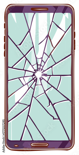 Damaged smartphone screen displaying radiating cracks and breakages affecting the glass panel, requiring repair or replacement