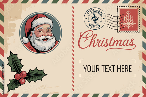 Vintage Santa Postcard Collage Vector Illustration | Merry Christmas Postcard with Text Space
