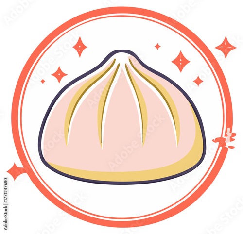 Stylized cartoon depiction of a fluffy dumpling in a round frame with shining star accents