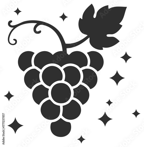 Fresh Grape Cluster Icon with Sparkling Stars and Vine Element