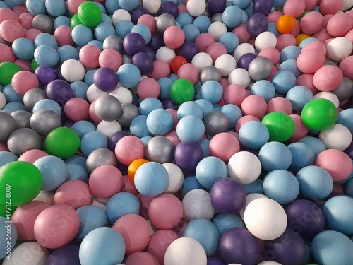 A colorful ball pit. Colored plastic balls in pool of game room. Swimming pool for fun and jumping in colored plastic balls