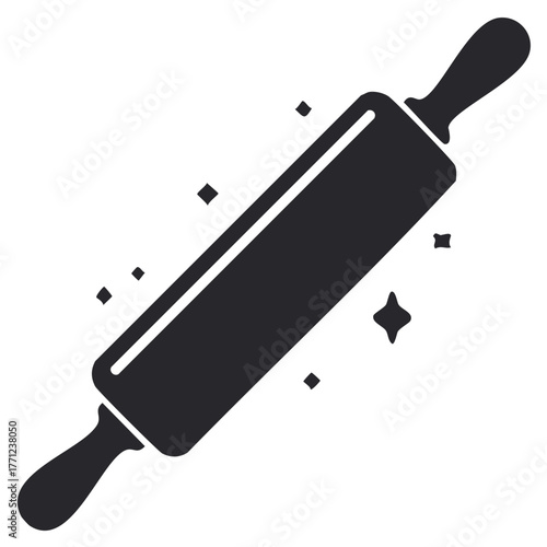 Rolling pin kitchen utensil in dark gray silhouette surrounded by sparkles or stars for baking pastry dough or desserts