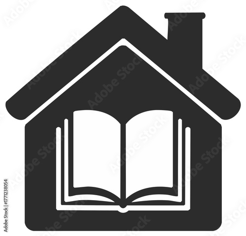 Home Education Concept Icon with Open Book Inside House Silhouette