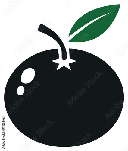 Stylized Vector Illustration of Dark Plum with Green Leaf Fruit Icon
