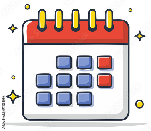 Stylized Calendar Cartoon Illustration Showing Red Highlighted Dates for Important Reminders and Events