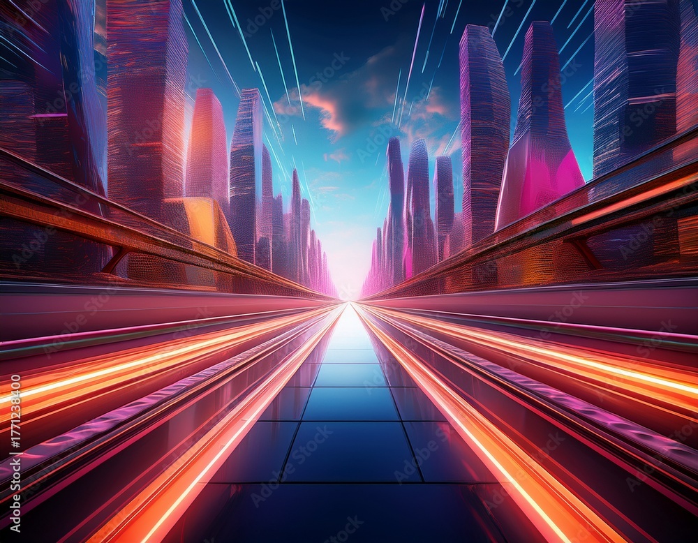 Fototapeta premium Neon Future: Fast Track Through a Vibrant Cityscape of High-Rise Buildings Under a Dynamic Sky