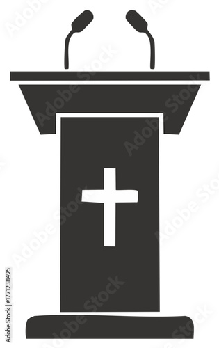 Podium with Microphones for Public Speaking and Cross Symbol for Christian Sermon in Church