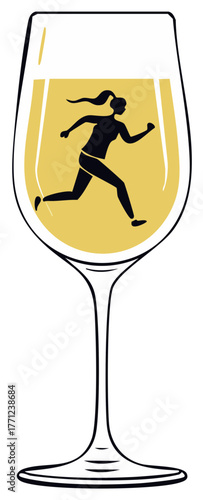 Running woman silhouette inside a wine glass, concept of speed and fitness, beverage.