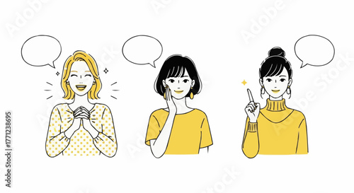 Three young Asian women with speech bubbles — modern flat vector illustration of communication and expression