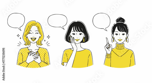 Three young Asian women with speech bubbles — modern flat vector illustration of communication and expression