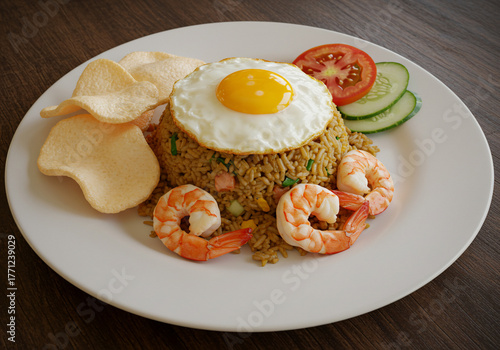 A plate of fried rice topped with a fried egg, shrimp, and vegetables.