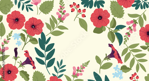 Beautiful arrangement of vibrant red and pink flowers with green leaves forming a charming frame on a light cream background.