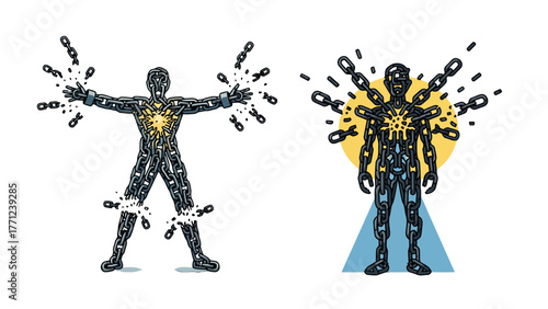Two illustrations of a person covered in chains, representing freedom, constraint, and abolition of slavery