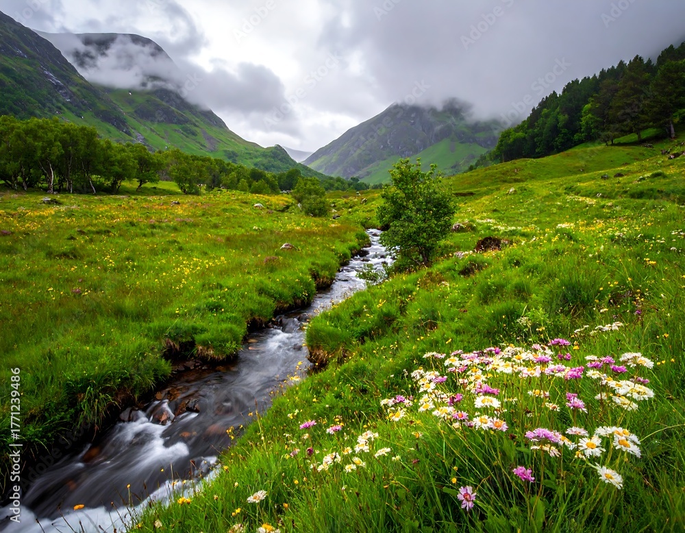 Fototapeta premium Lush green valley with a stream winding through wildflowers & mountains