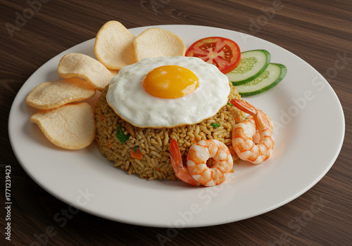 A plate of Nasi Goreng, Indonesian fried rice, topped with a fried egg, shrimp, crackers, tomato and cucumber slices.