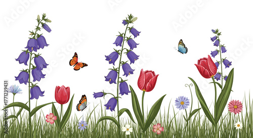Vibrant spring garden border with purple bellflowers, red tulips, and colorful butterflies amidst a fresh green grass field and wildflowers.