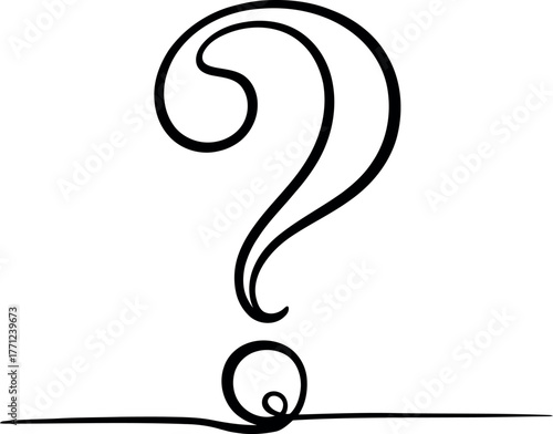 Black question mark symbol with decorative swirl on white background punctuation