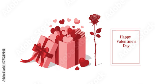 A festive Valentine's Day illustration features an open pink gift box overflowing with hearts, a single red rose, and a 'Happy Valentine's Day' greeting.