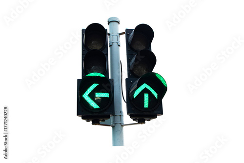 Traffic light show green, red, yellow light attached to steel poles isolated on cutout PNG or transparent background. Signal stoplight device various road intersections.Traffic lights help organize.