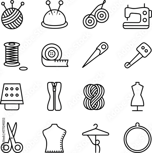 Sewing and tailoring icons including sewing machine scissors and thread needle