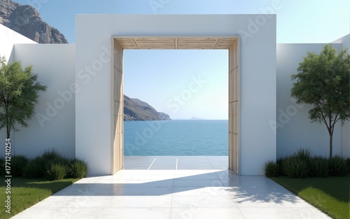 Gate to the sea view & Beach living - Santorini island style / 3D rendering. High quality