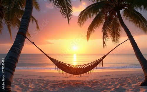 Tropical beach sunset as summer landscape with luxury resort beach palm swing hammock, sand seaside shore for sunset beach landscape. Tranquil beach horizon scenery vacation and summer holiday concept