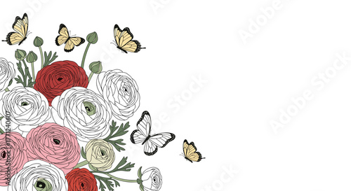 A charming illustration of ranunculus flowers in various colors, accompanied by delicate butterflies, on a clean white background.