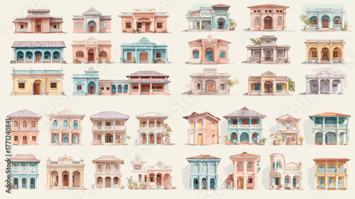 Watercolor set of colorful colonial houses with vintage facades and arched windows. Cultural architectural illustrations perfect for travel, art, and design projects.