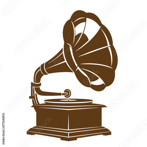 Elegant brown silhouette illustration of a classic vintage art gramophone on white background