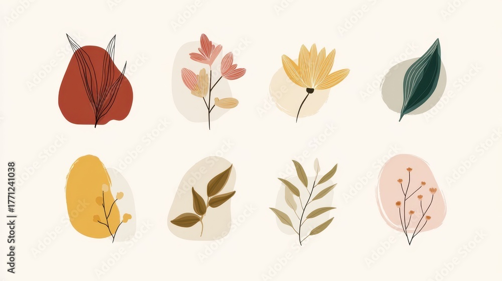 Fototapeta premium Abstract floral illustrations in muted colors.