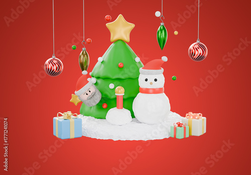 3D Christmas Mockup Scene with Santa Claus, Snowman, Tree, and Ornaments Background