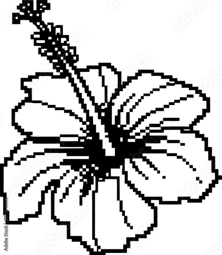 Black and white pixel hibiscus flower illustration digital 8 bit tropical blossom, bold monochrome retro floral line art