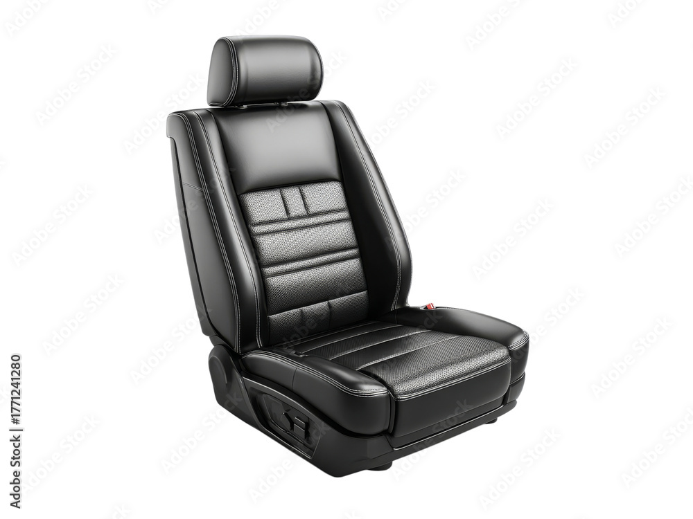 Fototapeta premium Luxurious black leather car seat isolated on black background, Isolated On White Background, Png Transparent