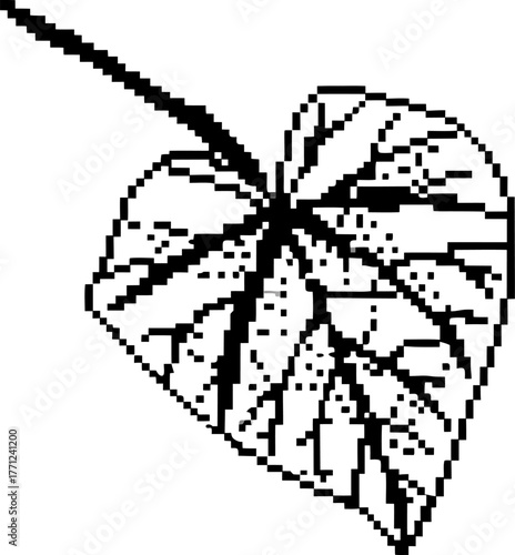 Black and white pixel leaf illustration minimalist digital nature art with bold lines and geometric abstract botanical pattern
