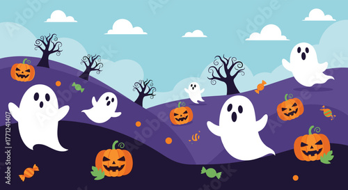 Spooky Halloween landscape illustration featuring playful ghosts, grinning jack-o'-lanterns, and scattered candy under a cloudy blue sky.