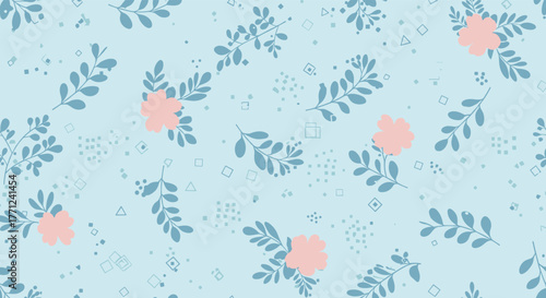 Gentle floral pattern on a pastel blue background, featuring delicate pink blossoms, teal foliage, and abstract geometric elements.