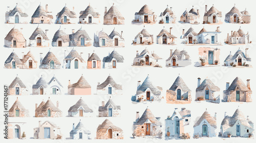 Watercolor illustrations of Italian trulli stone houses with conical roofs. Mediterranean rural architecture art collection inspired by Puglia heritage and travel culture.