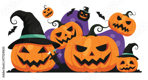 Lively Halloween illustration featuring a collection of glowing Jack-o'-lanterns, some adorned with witch hats, amidst flying bats and a spooky purple setting.
