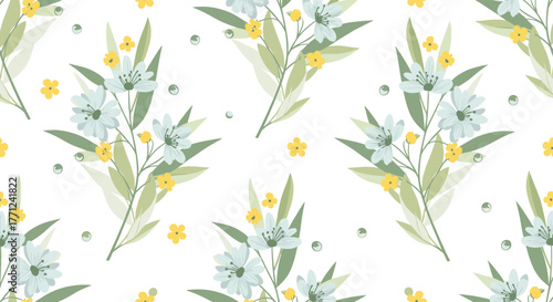 Decorative seamless pattern featuring delicate light blue flowers, cheerful yellow accents, and fresh green leaves on white.