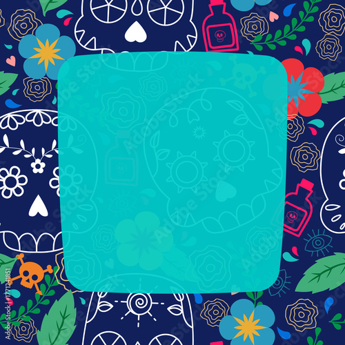 Day of the dead frame with skulls and floral elements on dark blue background.
