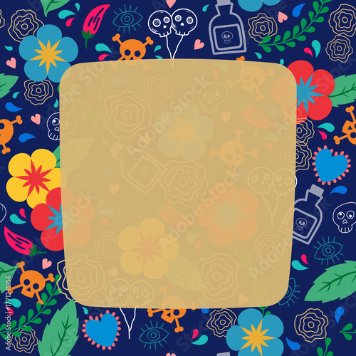 Day of the dead frame with skulls and floral elements on dark blue background .
