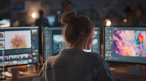 woman is using an advanced computer with multiple monitors to create colorful digital art in adobe illustrator, while her colleagues work on their own projects nearby. the office has creative decor an