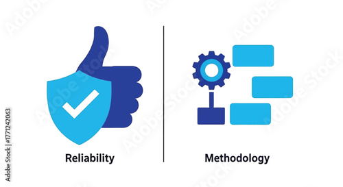Vector illustration of reliability and methodology a blue thumbs up with shield and a gear with blocks represent reliability and methodology