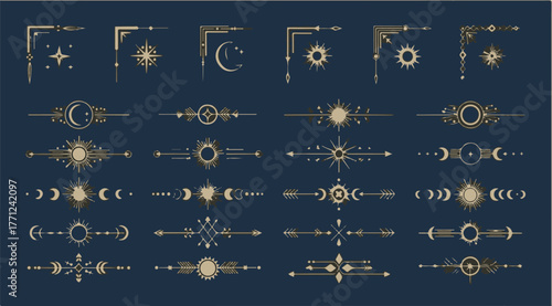 Elegant vector set of gold celestial dividers, corners, mystical sun, moon, and star decorations.