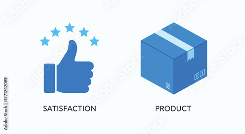 Vector illustration of product satisfaction guarantee a blue thumbs up with stars and a blue box represent customer satisfaction with a product