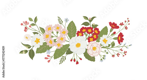A vibrant horizontal illustration of a mixed floral bouquet, featuring an assortment of colorful spring blossoms in white, pink, and red with green leaves.