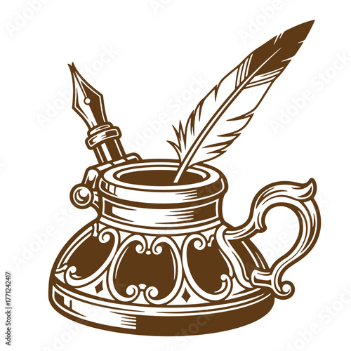 Intricate illustration of a vintage inkwell with quill pen and classic fountain pen